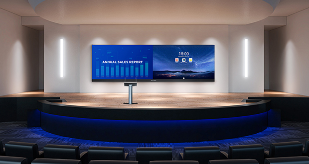 MAXHUB-Integrated-LED-Wall MAXHUB integrated LED wall above the stage in a hall with blue lighting